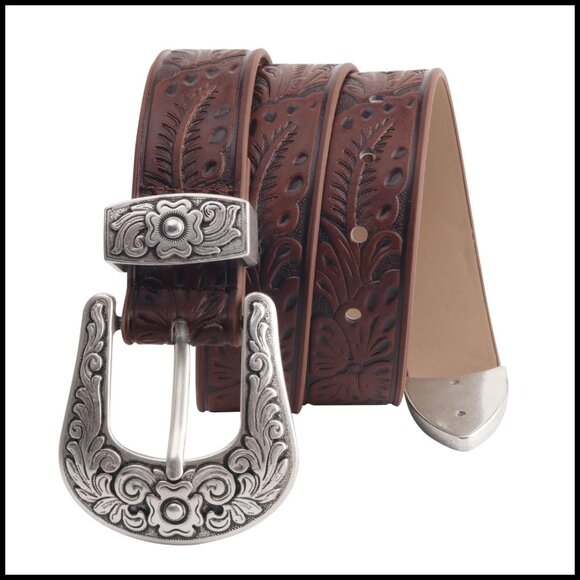 Western Cowboy Belt Vintage Floral Carved Design PU Leather Slim Fit main image 6